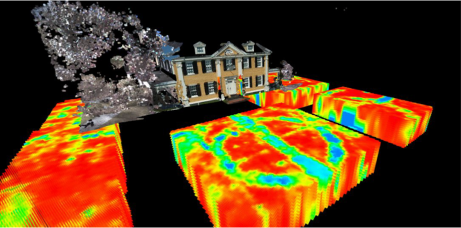 Longfellow 3D Geophysical Results A 3D image of a yellow house with lilac bushes and geophysical data in the form of rainbow imaging in the front.