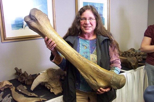 Margaret Anderson holds a mammoth femur