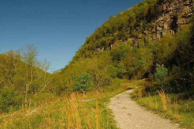 A gravel path leads to a v-shaped indentation between two mountains covered in green shrubs and trees.