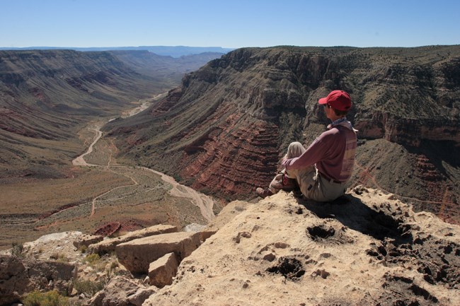 From atop a rocky outcropping, a hiker views a deep canyon that extends to the horizon.