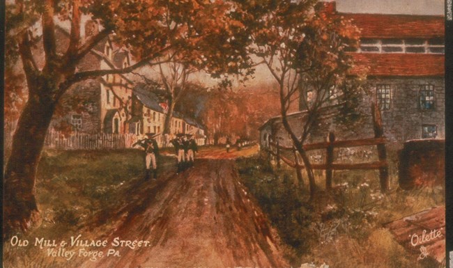 Early painted postcard of the Old Mill and Valley Street.