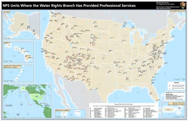 A map of the United States is marked to show where the Water Rights Branch has provided help to park units. Dozens of marks cover the map, including Alaska and Hawaii. A map of the United States is marked to show where the Water Rights Branch has provided help to park units. Dozens of marks cover the map, including Alaska and Hawaii.