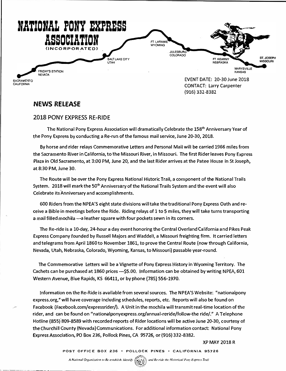 Image of the 2018 Pony Express Re-Ride News Release