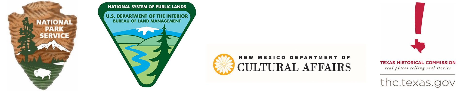 ELCA Logos for New Release Banner showing logos for the National Park Service, the Bureau of Land Management, the New Mexico Department of Cultural Affairs and the Texas Historical Commision