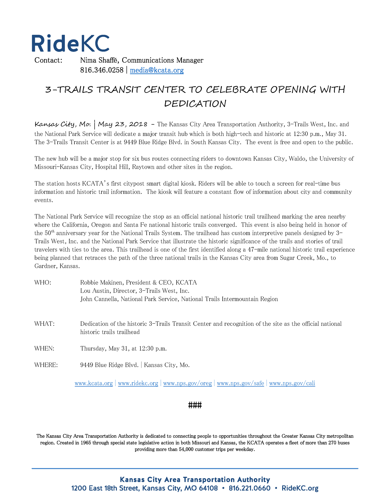 Final Release 3-Trails Transit Center Dedication Image of the news release showing RideKC Logo and Kansas City Area Transportation Authority information