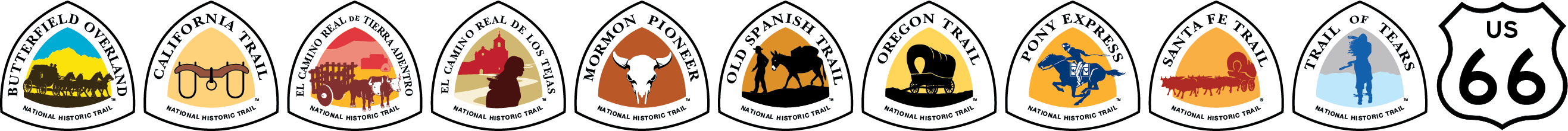 Ten triangular logos representing national historic trails