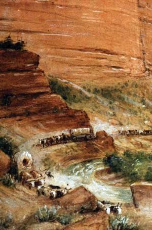 An illustration of a steep-walled canyon with oxen pulling a covered wagon.