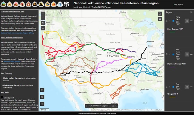 Screenshot showing ten trail logos in a black band over a map of the US showing ten trails with use instructions and tools on either side.