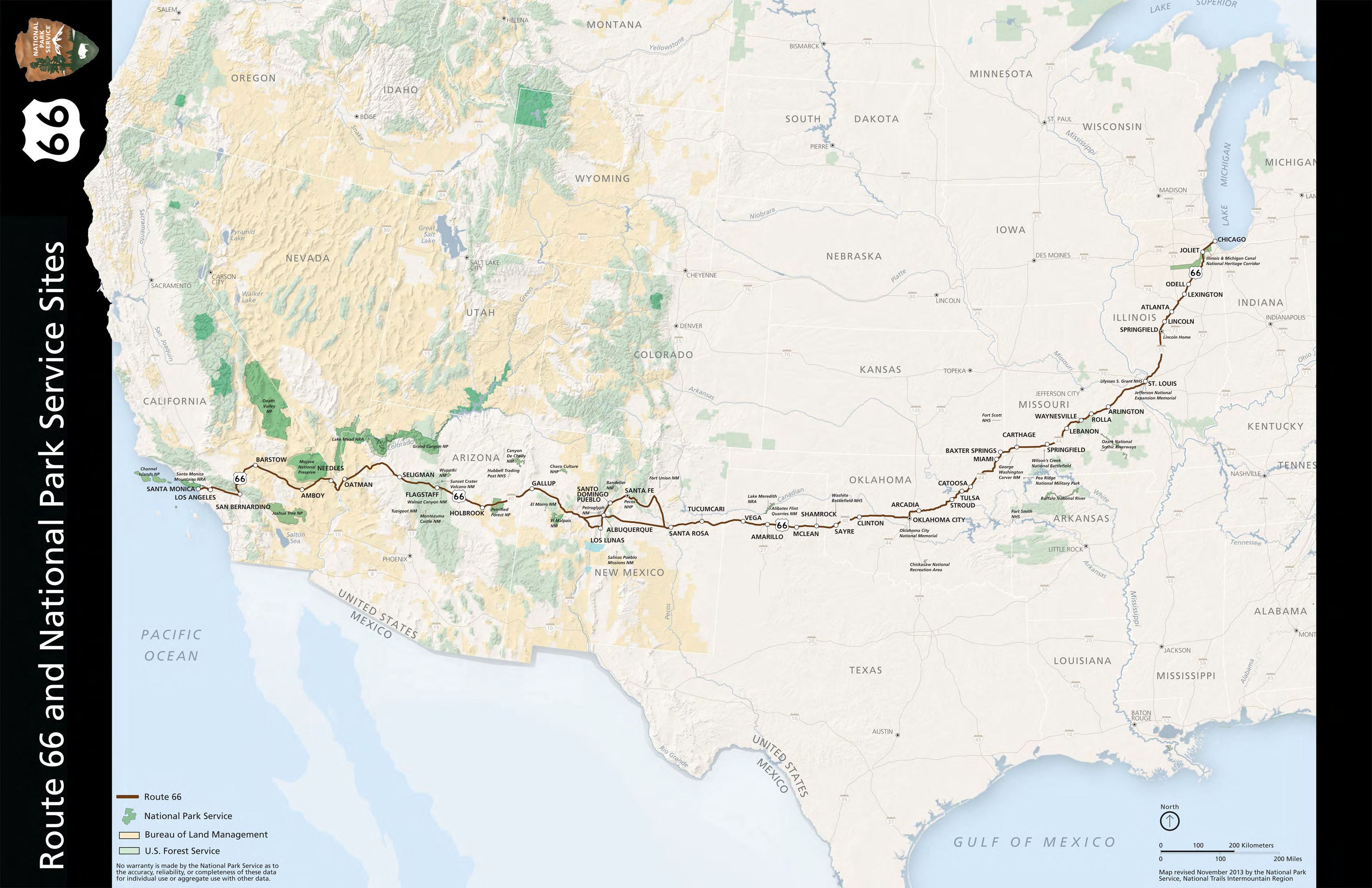 A map of the United States depicting a road from Chicago, traveling south west, and ending in Santa Monica, California.