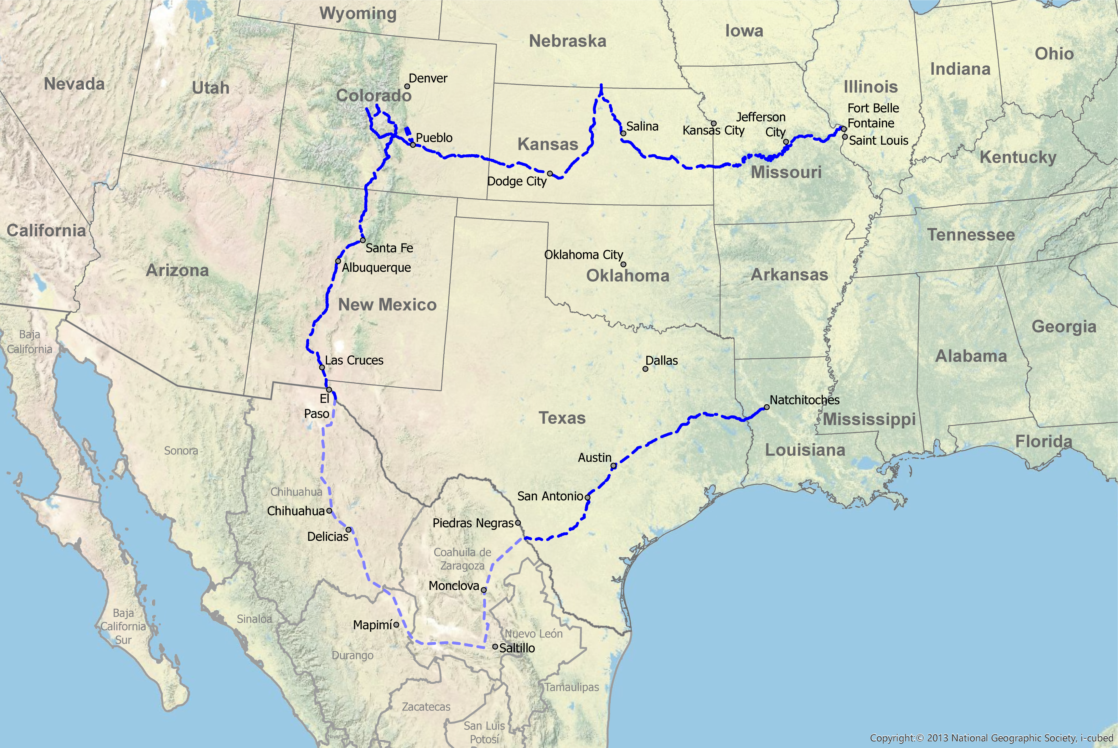 A map of the United States showing a trail through Texas and across the central southern states.