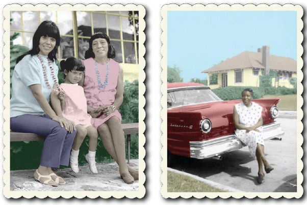 lt= Historic image of women in 1950s era outfits.