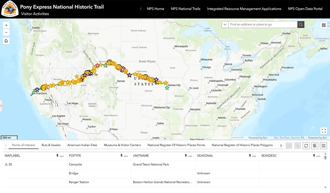 Screenshot with Pony Express logo and historic route on a map of the US.