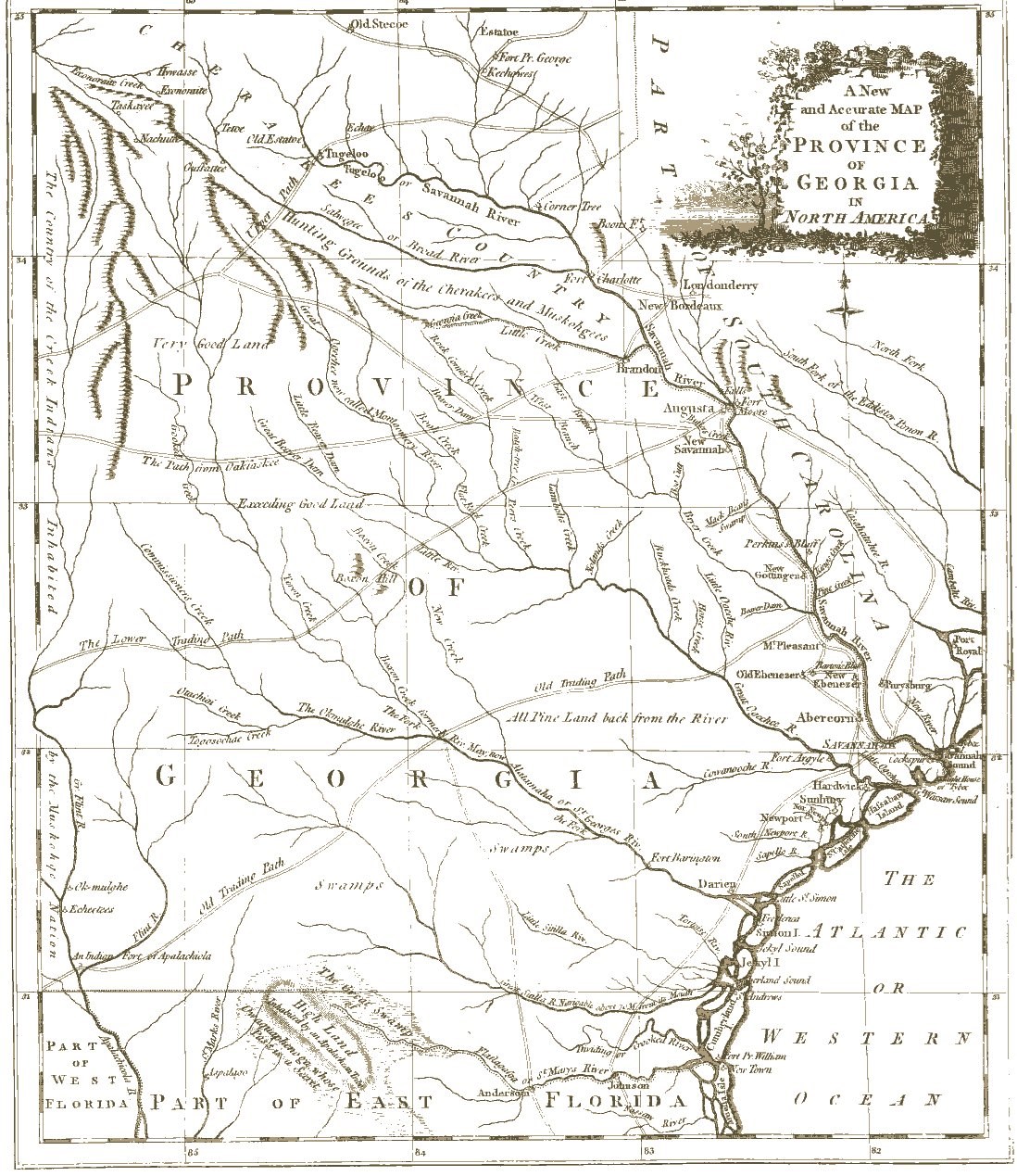 Image 7. Anonymously prepared map published in The Universal Magazine in 1779 indicating locations of trading paths (courtesy of Alabama Historical Map Archive and Rucker Agee Map Collection) Image 7. Anonymously prepared map published in The Universal Magazine in 1779 indicating locations of trading paths (courtesy of Alabama Historical Map Archive and Rucker Agee Map Collection)