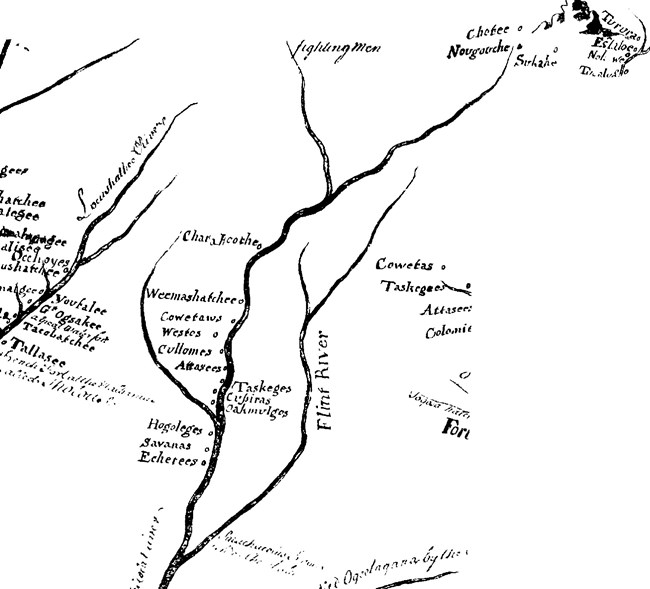Image 9. Locations of Lower Creek Towns along the Chattahoochee and Flint Rivers on the Herbert map of 1725 (courtesy of Florida State University Library) Image 9. Locations of Lower Creek Towns along the Chattahoochee and Flint Rivers on the Herbert map of 1725 (courtesy of Florida State University Library)