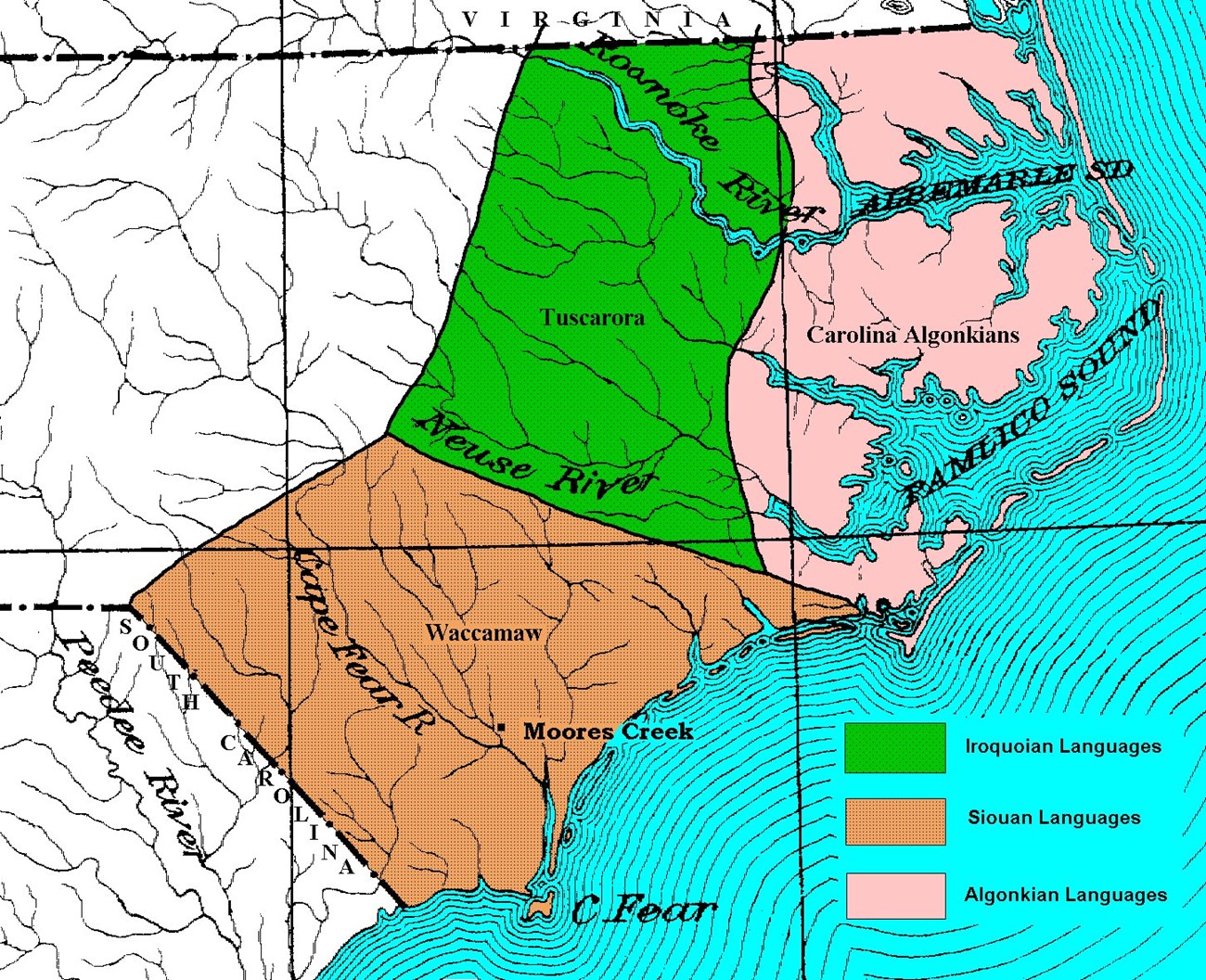 Image 1. Map showing general distribution of major linguistic groups of the North Carolina Coastal Plain (after Phelps 1983, Figure 1.8)