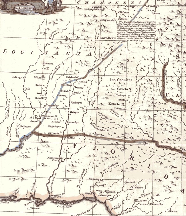 Image 10. Portion of the Emanuel Bowen map of 1747 placing the Cherokees at the headwaters of the Chattahoochee River (courtesy of Alabama Historical Map Archive and Rucker Agee Map Collection) Image 10. Portion of the Emanuel Bowen map of 1747 placing the Cherokees at the headwaters of the Chattahoochee River (courtesy of Alabama Historical Map Archive and Rucker Agee Map Collection)