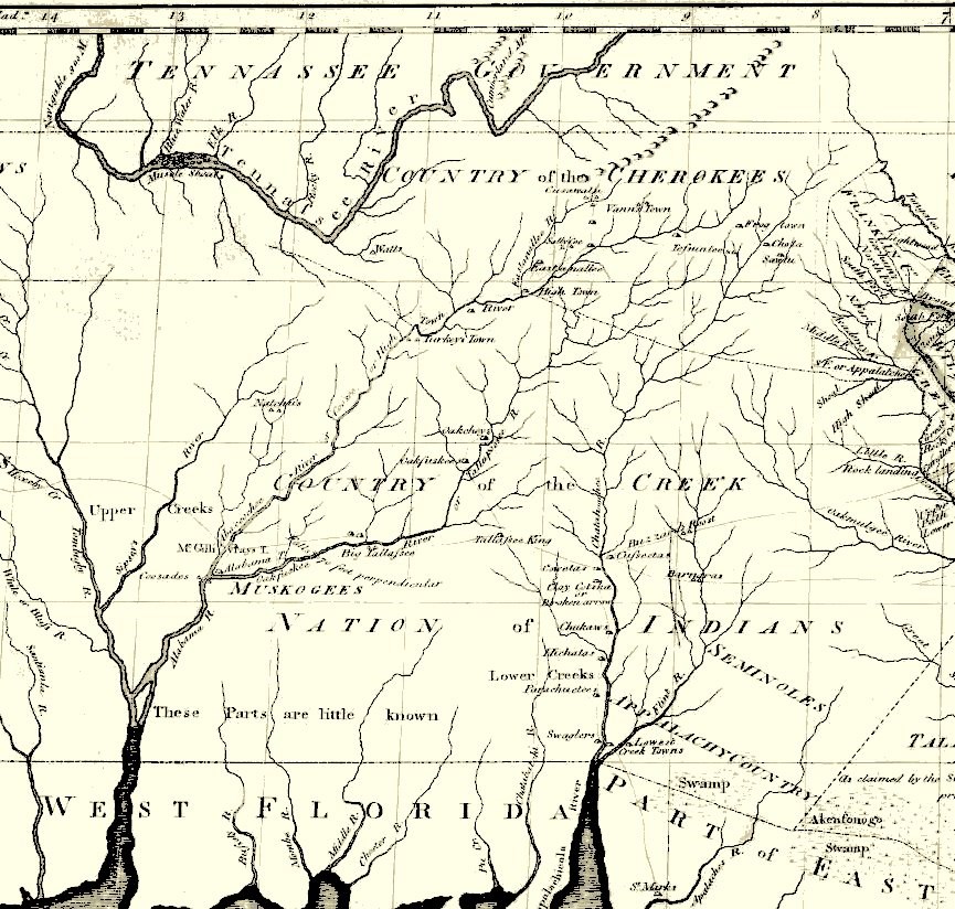 Image 13. Portion of the Tanner Map of 1796 (courtesy of Alabama Historical Map Archive and Rucker Agee Map Collection) Image 13. Portion of the Tanner Map of 1796 (courtesy of Alabama Historical Map Archive and Rucker Agee Map Collection)