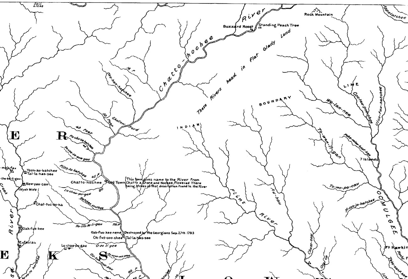 Image 15. Locations of Standing Peachtree and Buzzard Roost depicted on the 1818 Early Georgia map reproduced by Swanton (1922:Plate 9) Image 15. Locations of Standing Peachtree and Buzzard Roost depicted on the 1818 Early Georgia map reproduced by Swanton (1922:Plate 9)
