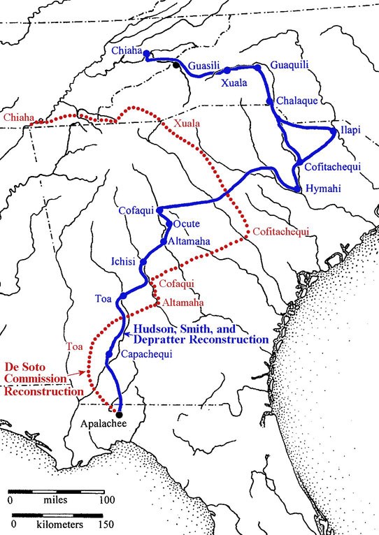 Image 2.  Comparison of reconstructed route of De Soto through South Carolina by Hudson, Smith, and Depratter (1984:Figure 1) to earlier reconstructed route by the De Soto Commission (Swanton 1939) (Adapted from a map provided courtesy of Julie B. Smith)
