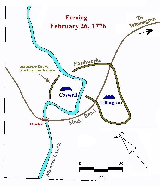 Image 3. Map showing Caswell's and Lillington's forces on opposite banks of Moores Creek on the evening of February 26, 1776