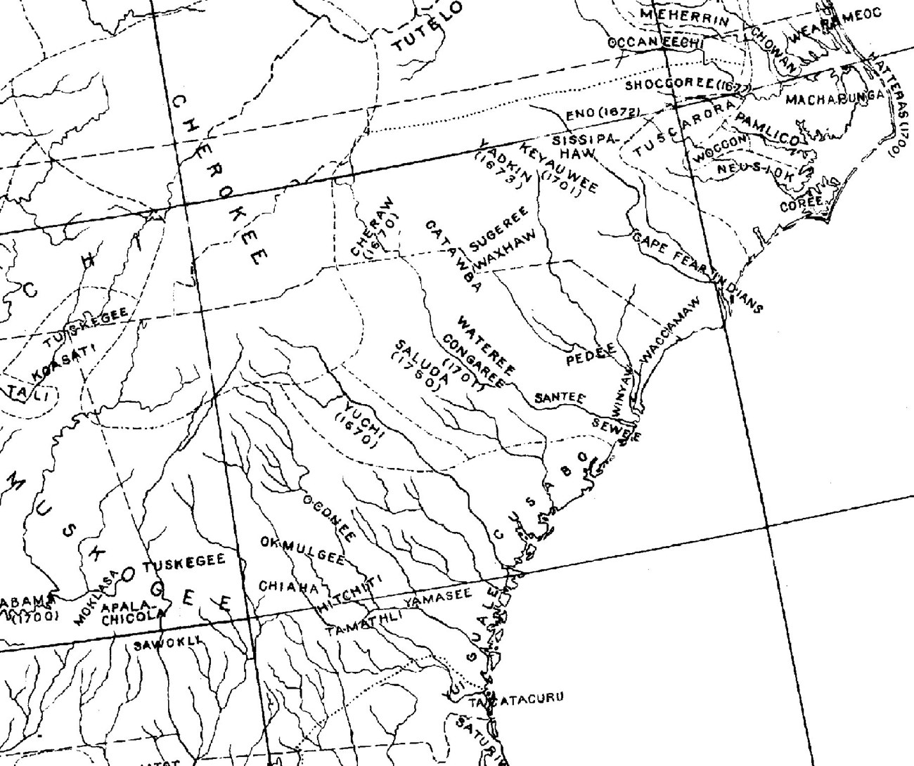 Image 3.  Locations of principal historic Indian tribes in the Southeast (Adapted From Swanton 1922:Map 5)