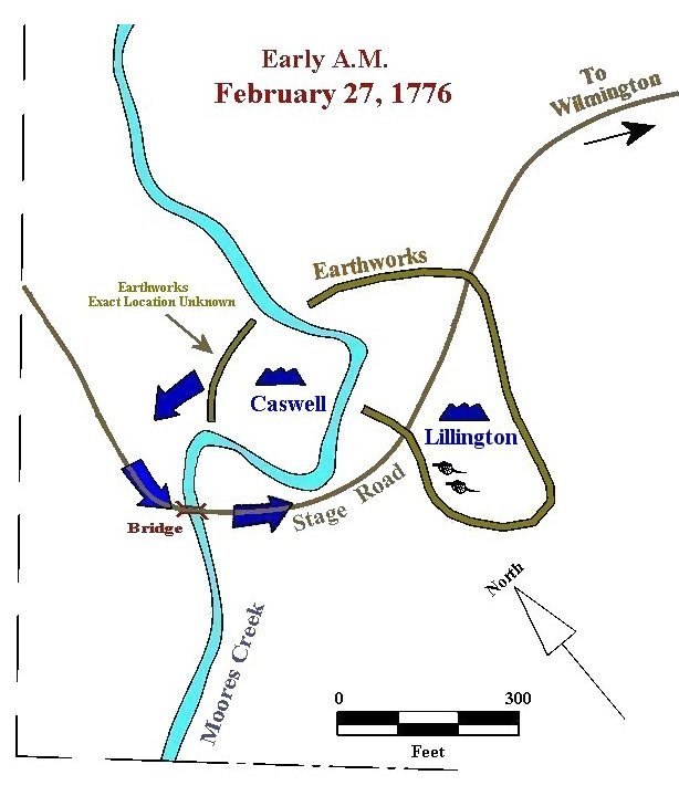 Image 4. Map showing Caswell's men crossing the bridge to join Lillington's forces on the east bank of Moores Creek before sunrise on the morning of February 27, 1776 Image 4. Map showing Caswell's men crossing the bridge to join Lillington's forces on the east bank of Moores Creek before sunrise on the morning of February 27, 1776.