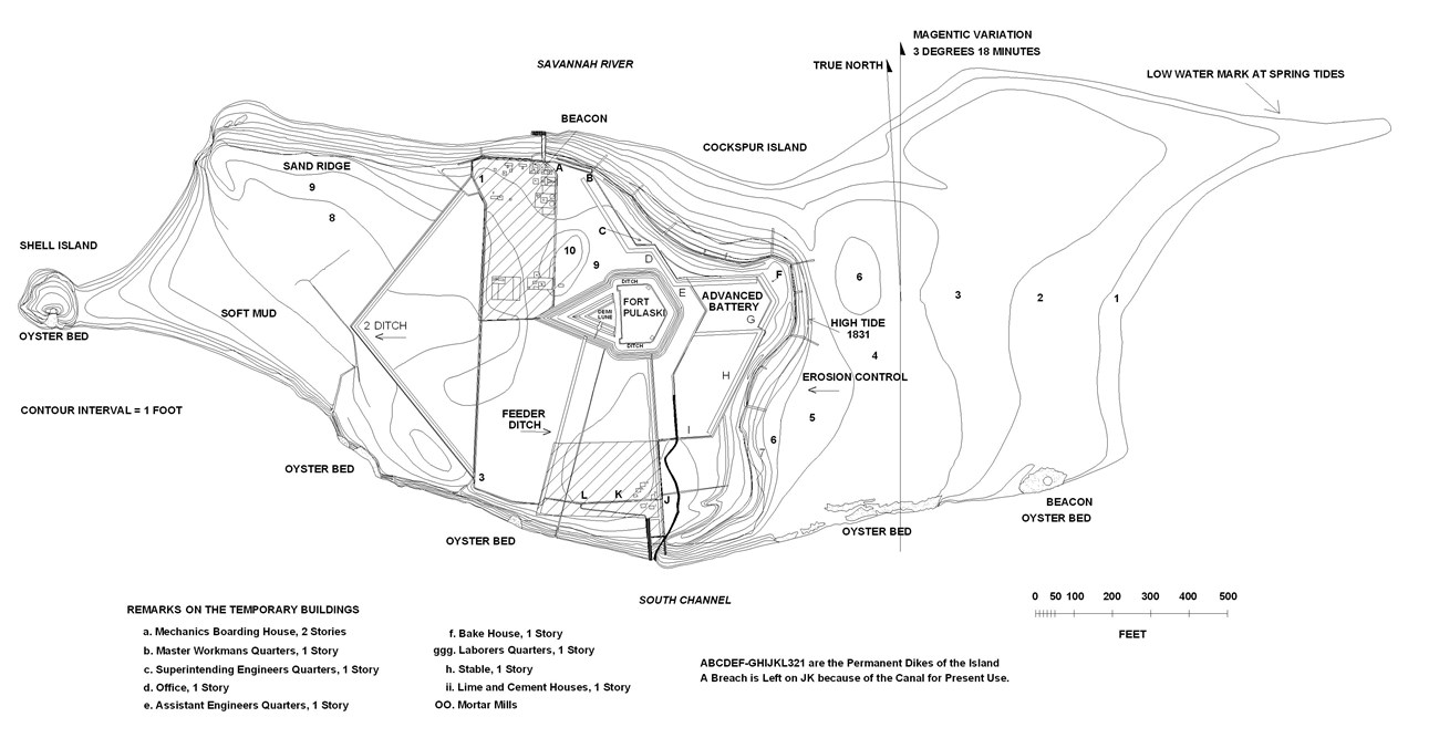 Image 4. Cockspur Island, Fort Pulaski, and Construction Village (after map submitted to the U.S. Army Engineer Department by Captain Joseph K. F. Mansfield, Nov. 1, 1843) Image 4. Cockspur Island, Fort Pulaski, and Construction Village (after map submitted to the U.S. Army Engineer Department by Captain Joseph K. F. Mansfield, Nov. 1, 1843)