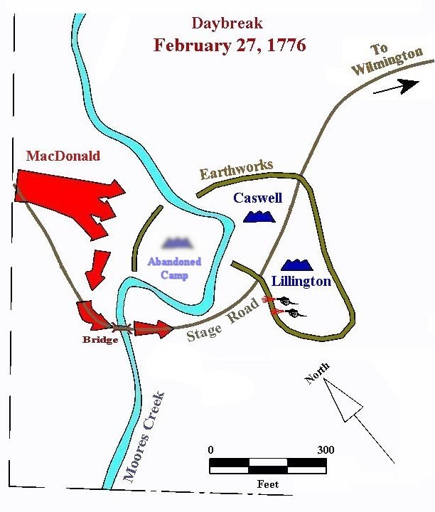 Image 5. Map showing MacDonald's Loyalist forces approaching Moores Creek on the morning of February 27, 1776, and engaging the Patriots at Moores Creek Bridge soon after daybreak