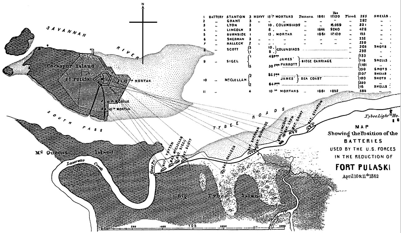 Image 6. Map showing the position of the batteries used by the U.S. forces in the reduction of Fort Pulaski, April 10 and 11th, 1862 Image 6. Map showing the position of the batteries used by the U.S. forces in the reduction of Fort Pulaski, April 10 and 11th, 1862