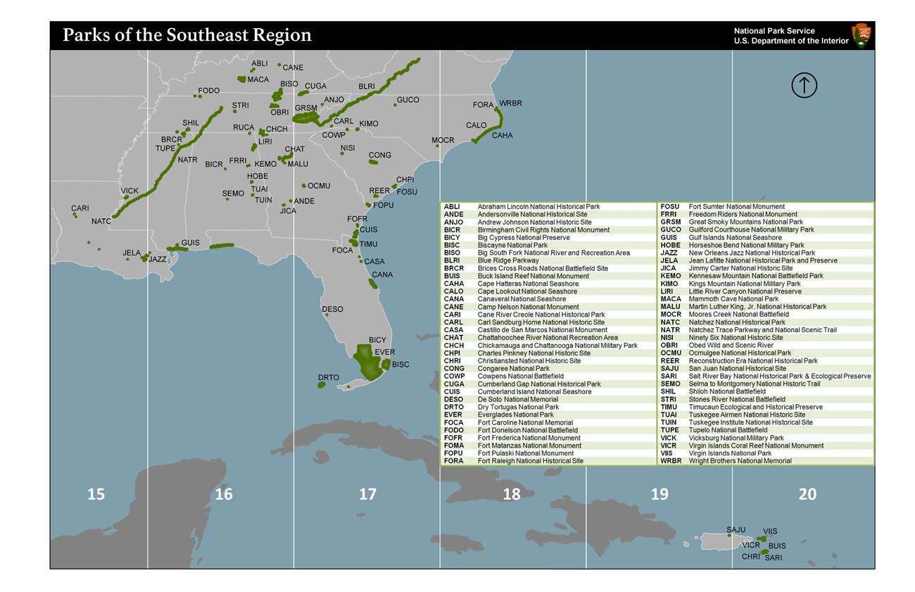 Map of parks in Southeast Region