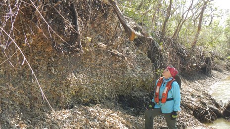 Margo Schwadron examining Sandfly Key after hurricane damage