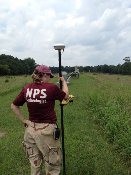 NPS archeologist uses a GPS unit to record features of the landscape at Chickamauga & Chattanooga National Military Park NPS archeologist uses a GPS unit to record features of the landscape at Chickamauga & Chattanooga National Military Park