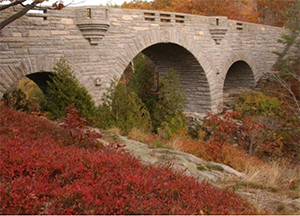 a stone bridge with archways over a creek in fall