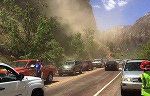 desert scene with cars backed up on road