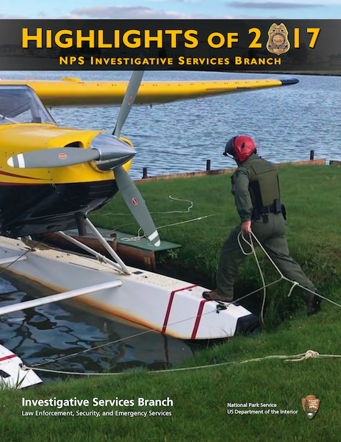 On the cover of the 2017 Highlights of ISB, a Special Agent steps onto the float of a sea plane in Alaska. NPS photo. On the cover of the 2017 Highlights of ISB, a Special Agent steps onto the float of a sea plane in Alaska. NPS photo.