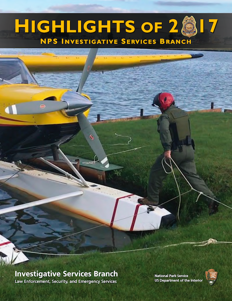 On the cover of the 2017 Highlights of ISB, a Special Agent steps onto the float of a sea plane in Alaska. NPS photo.