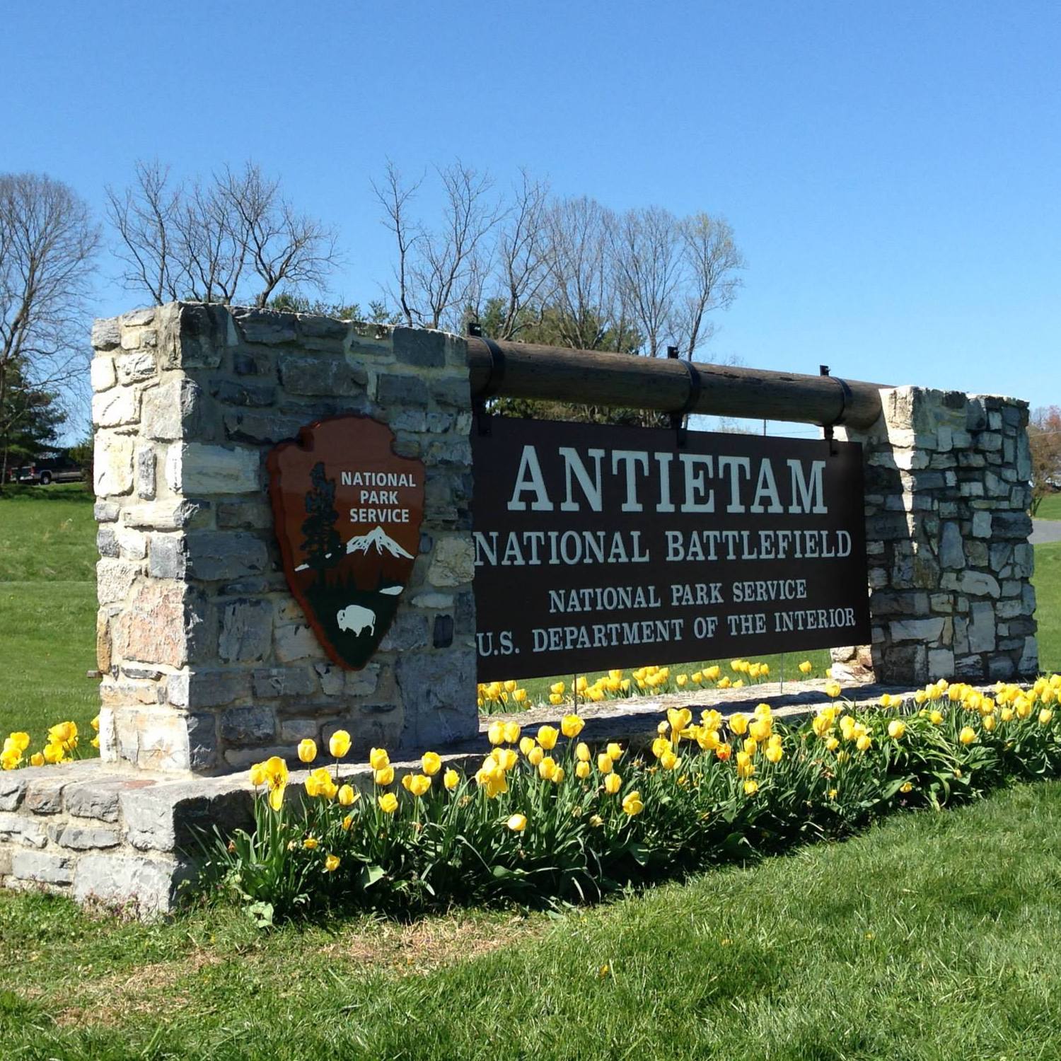 A carved, wooden sign mounted between stone pillars, with the words Antietam National Battlefield, National Park Service, US Department of the Interior. The National Park Service arrowhead plaque is mounted on one stone pillar. Yellow flowers grow below.
