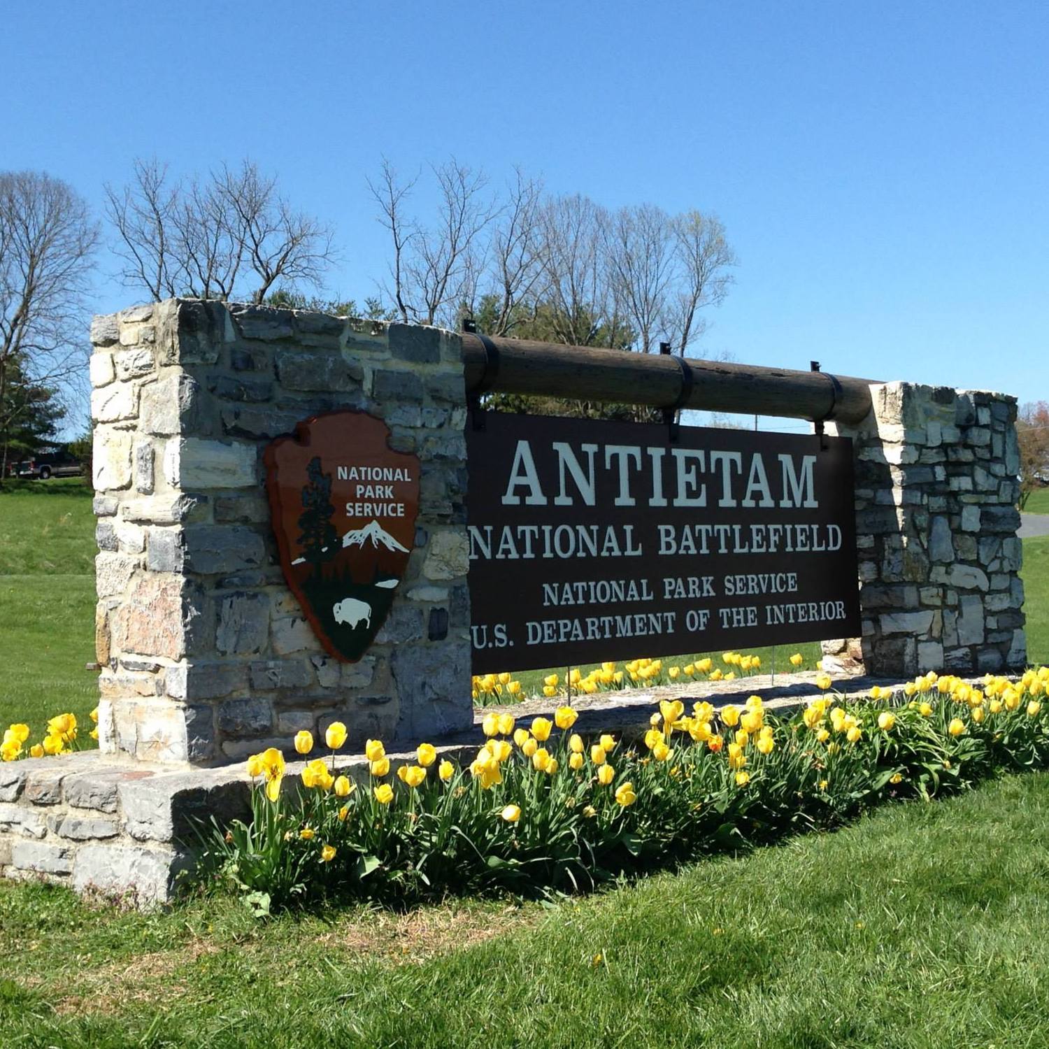 US Park Rangers at Antietam National Battlefield are investigating recent graffiti vandalism to a statue in the park. A carved, wooden sign mounted between stone pillars, with the words Antietam National Battlefield, National Park Service, US Department of the Interior. The National Park Service arrowhead plaque is mounted on one stone pillar. Yellow flowers grow below.