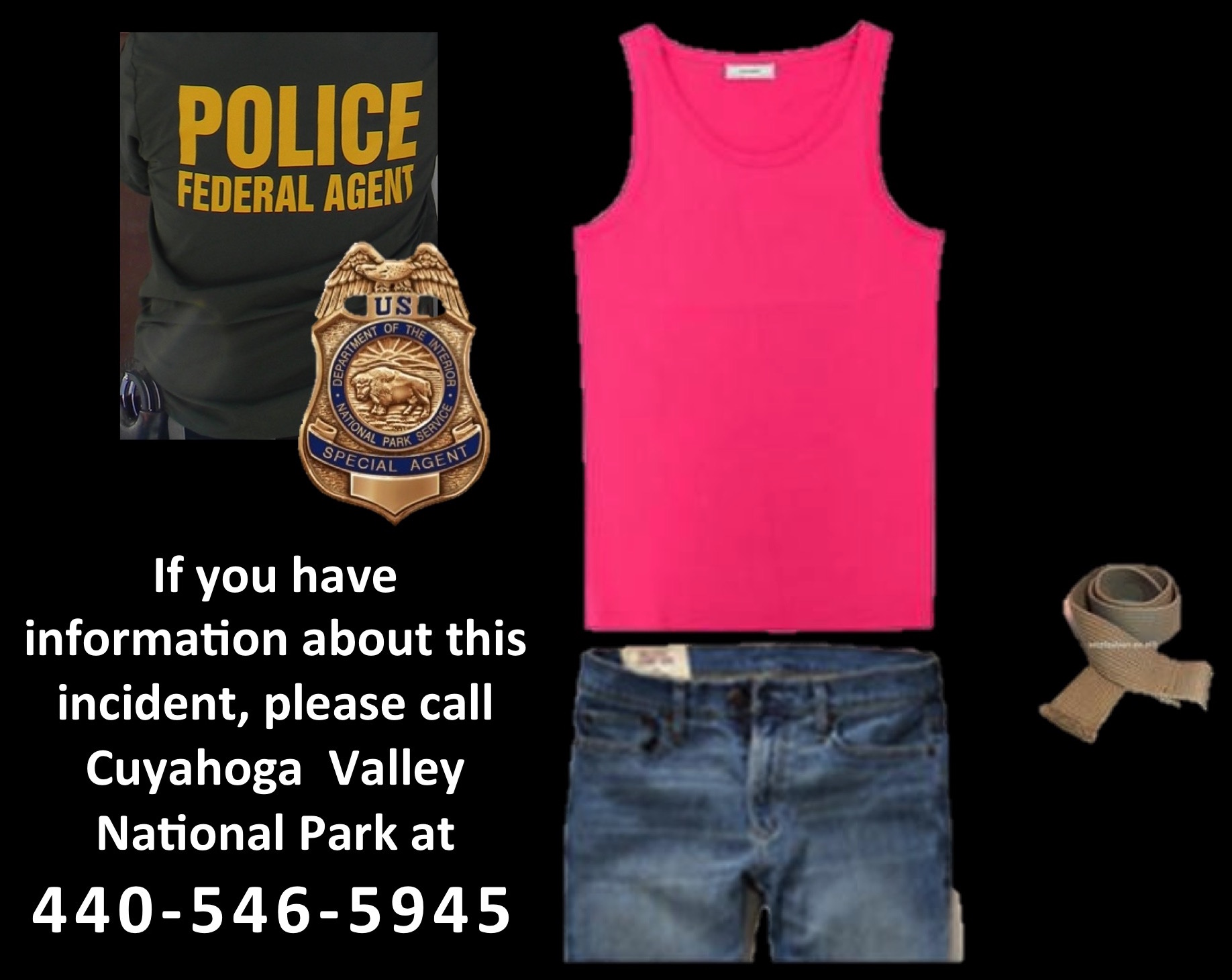 The victim was found wearing a pink tank top, blue cut-off shorts, a khaki belt, and white sneakers. NPS image of similar clothing.