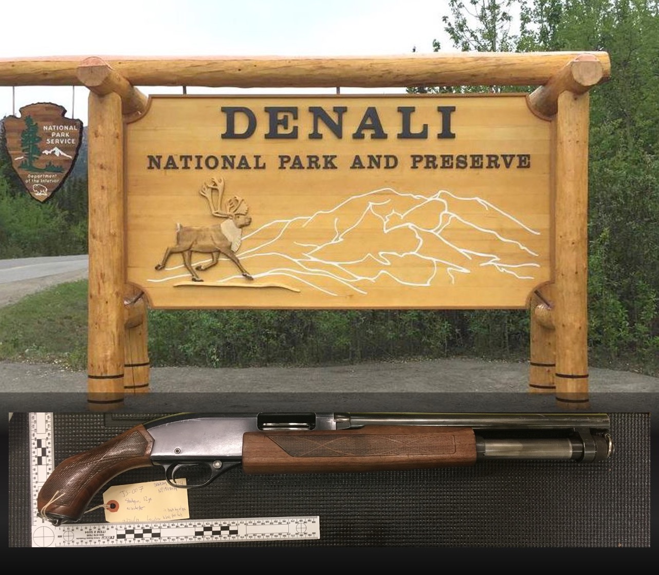 Rashad D. Hinson, age 43, and Melissa D. Manasco, age 34, were sentenced in separate federal court hearings after both pleaded guilty to charges that stemmed from an incident in 2019. An entrance sign in Denali National Park, and an image of the unlawfully modified shotgun involved in this case. NPS photos.
