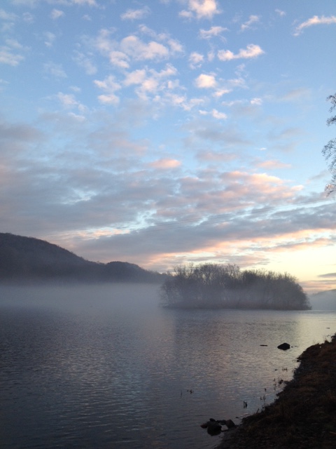 Mist hangs over water and an islet in Delaware Water Gap National Recreation Area. NPS photo.