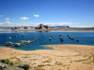 An aerial view of boats in Glen Canyon National Recreation Area's Wahweep Marina. NPS photo.