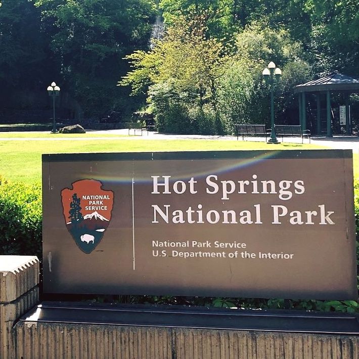 An entrance sign in Hot Springs National Park. NPS photo. An entrance sign in Hot Springs National Park. NPS photo.