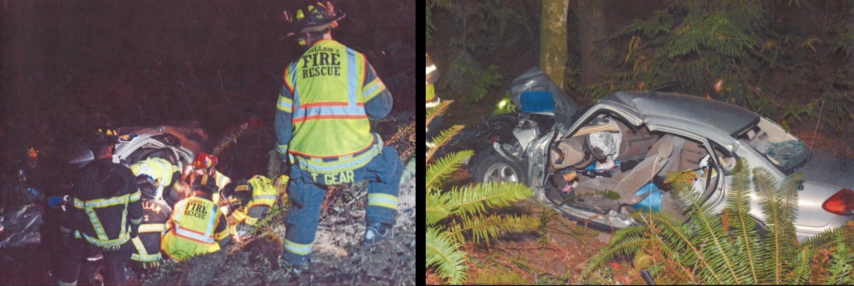 Image 1: firefighters with Clallam County Fire District 2 work to extricate a victim from a severely damaged vehicle. Image 2: the vehicle severely damaged by a head-on collision. Image 1: firefighters with Clallam County Fire District 2 work to extricate a victim from a severely damaged vehicle. Image 2: the vehicle severely damaged by a head-on collision.