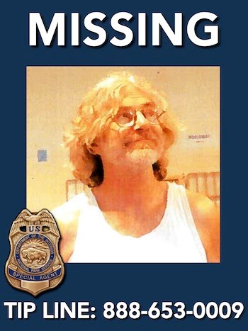 Photo of missing person Michael Ficery, reported missing in Yosemite National Park on June 21, 2005. Tip Line printed along bottom 888-653-0009.