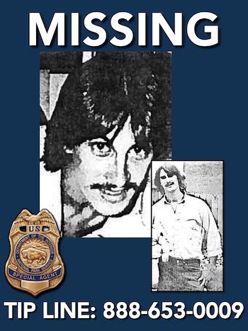 Black-and-white photos of missing person Tim Barnes, last seen on July 5, 1988 in Yosemite National Park. Tip Line printed along the bottom 888-653-0009.