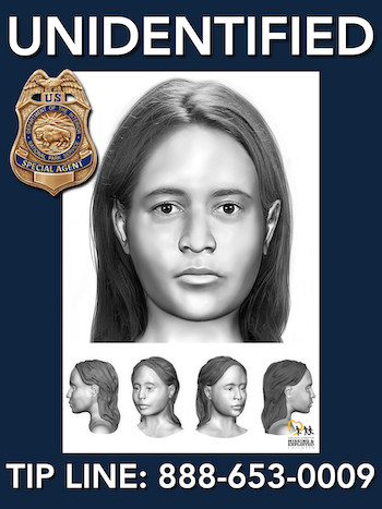 Facial reconstruction images show an unidentified homicide victim. She was a white female between 17-30 years of age. NPS image. Facial reconstruction images show an unidentified homicide victim. She was a white female between 17-30 years of age. NPS image.