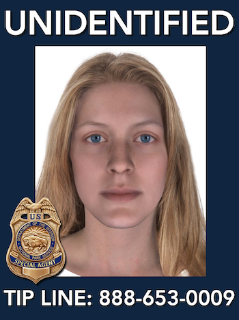 Facial reconstruction image shows an unidentified homicide victim. She was a white female between 17-30 years of age. Facial reconstruction image shows an unidentified homicide victim. She was a white female between 17-30 years of age.