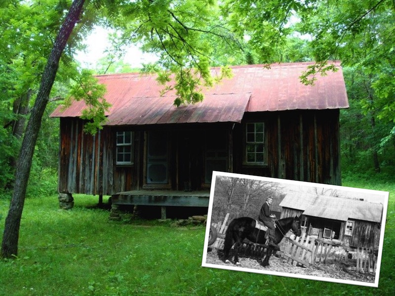 NPS photo of the historic Susie Nichols Cabin in Ozark National Scenic Riverways. Inset: historic photo of Susie Nichols mounted on her horse "Ol' Don" in front of her cabin. NPS photo of the historic Susie Nichols Cabin in Ozark National Scenic Riverways. Inset: historic photo of Susie Nichols mounted on her horse "Ol' Don" in front of her cabin.