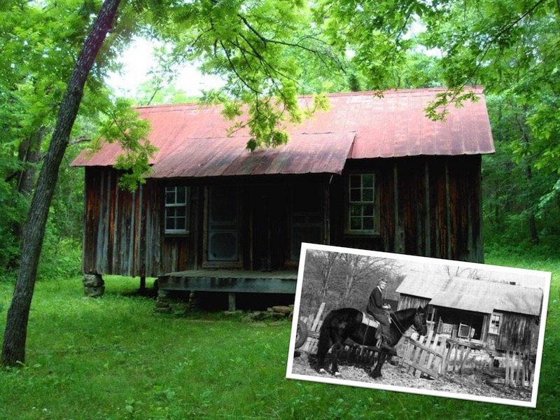 NPS photo of the historic Susie Nichols Cabin in Ozark National Scenic Riverways. Inset: historic photo of Susie Nichols mounted on her horse "Ol' Don" in front of her cabin.